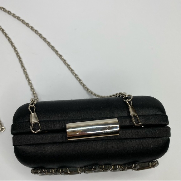 Bebe Black Satin Clutch with Silver Strap Used - Picture 5 of 10